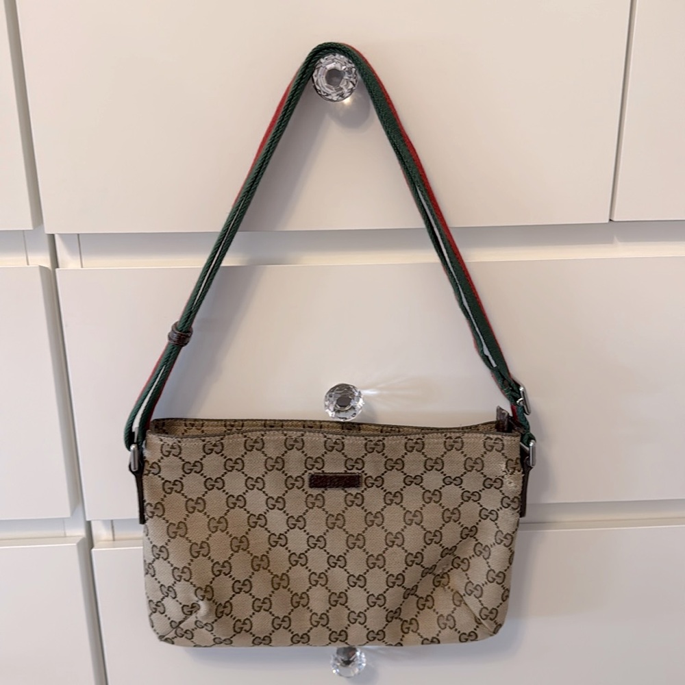 Gucci Tan Monogram Shoulder Bag with Red and Green Strap